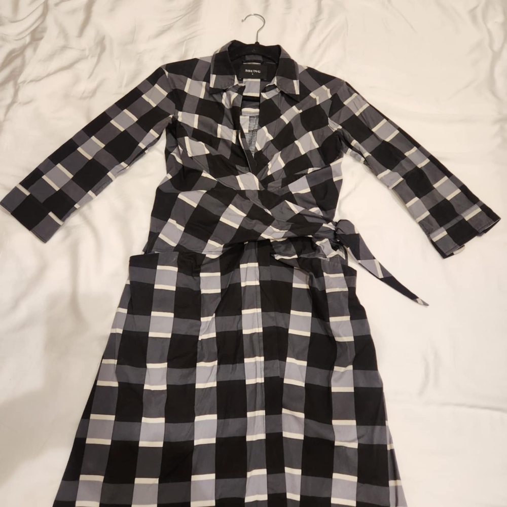 Samantha Sung Black Gray Houndstooth Print Shirt Dress Wrap Belt Pockets Size 2